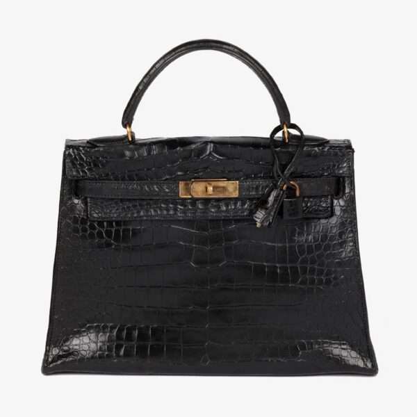 Hermès Black Shiny Porosus Crocodile Leather Vintage Kelly 32cm Sellier